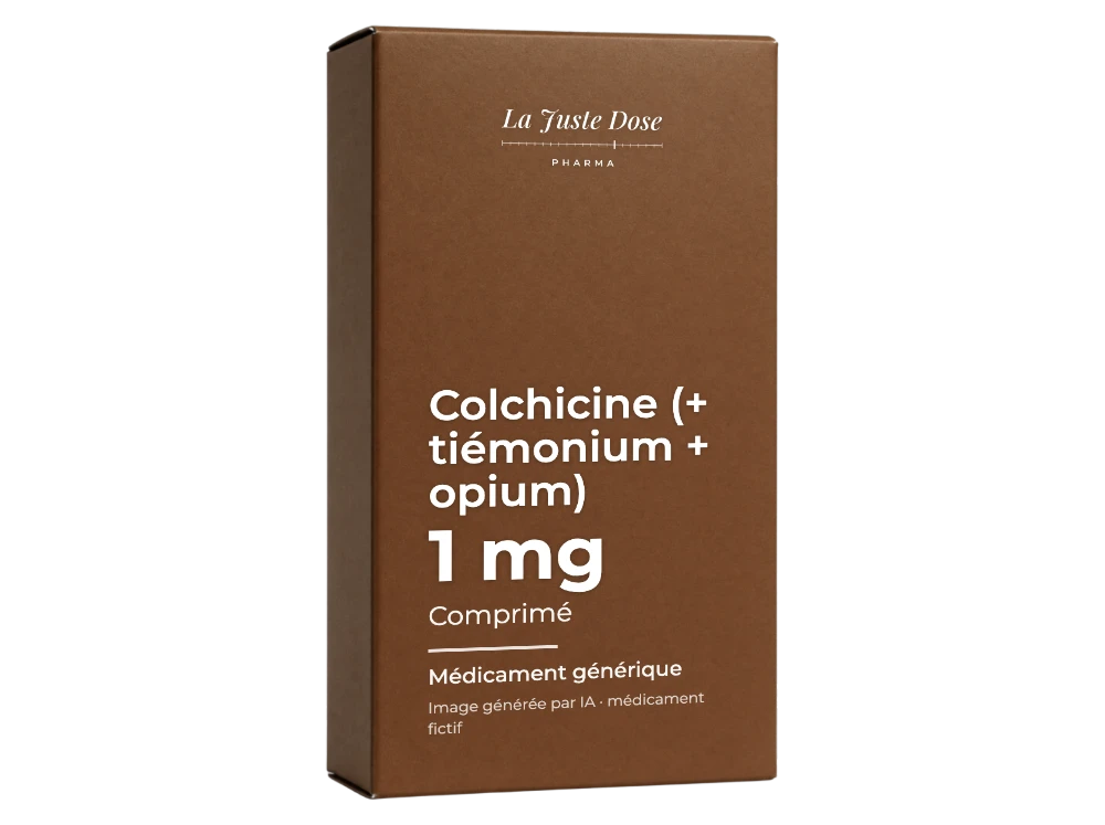 Boîte illustrative de Colchicine (+ tiémonium + opium), médicament générique fictif aux couleurs de La Juste Dose. Image générée par IA.