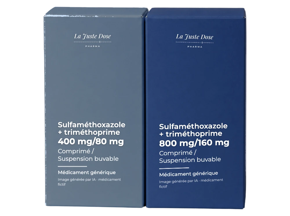 Boîte illustrative de Sulfaméthoxazole + triméthoprime, médicament générique fictif aux couleurs de La Juste Dose. Image générée par IA.