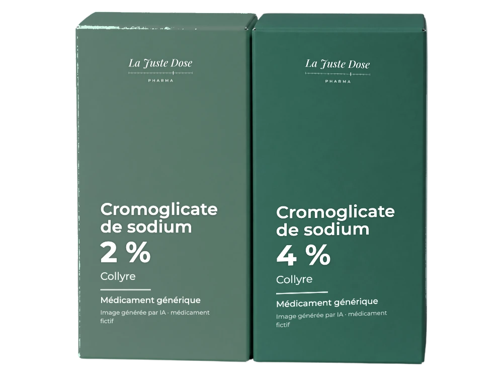 Boîte illustrative de Cromoglicate de sodium, médicament générique fictif aux couleurs de La Juste Dose. Image générée par IA.