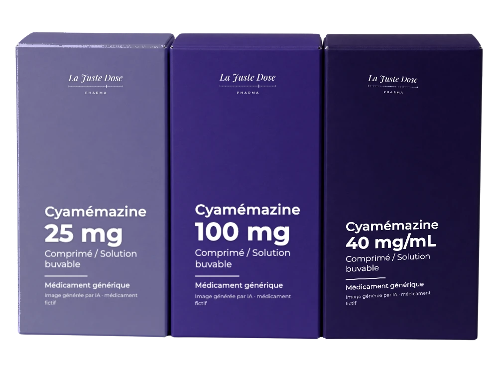 Boîte illustrative de Cyamémazine, médicament générique fictif aux couleurs de La Juste Dose. Image générée par IA.