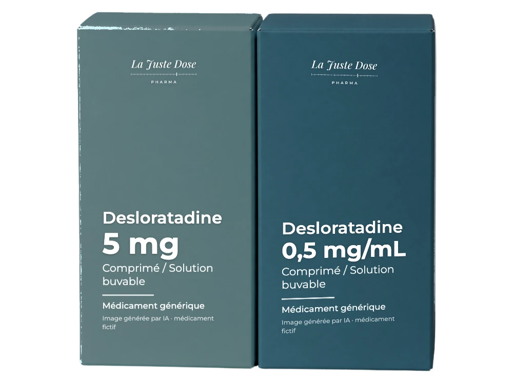 Boîte illustrative de Desloratadine, médicament générique fictif aux couleurs de La Juste Dose. Image générée par IA.