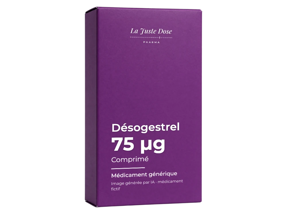 Boîte illustrative de Désogestrel, médicament générique fictif aux couleurs de La Juste Dose. Image générée par IA.