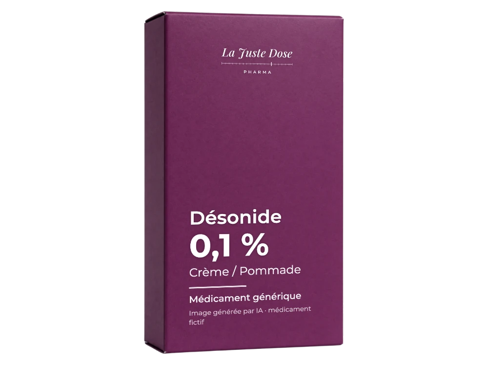 Boîte illustrative de Désonide, médicament générique fictif aux couleurs de La Juste Dose. Image générée par IA.