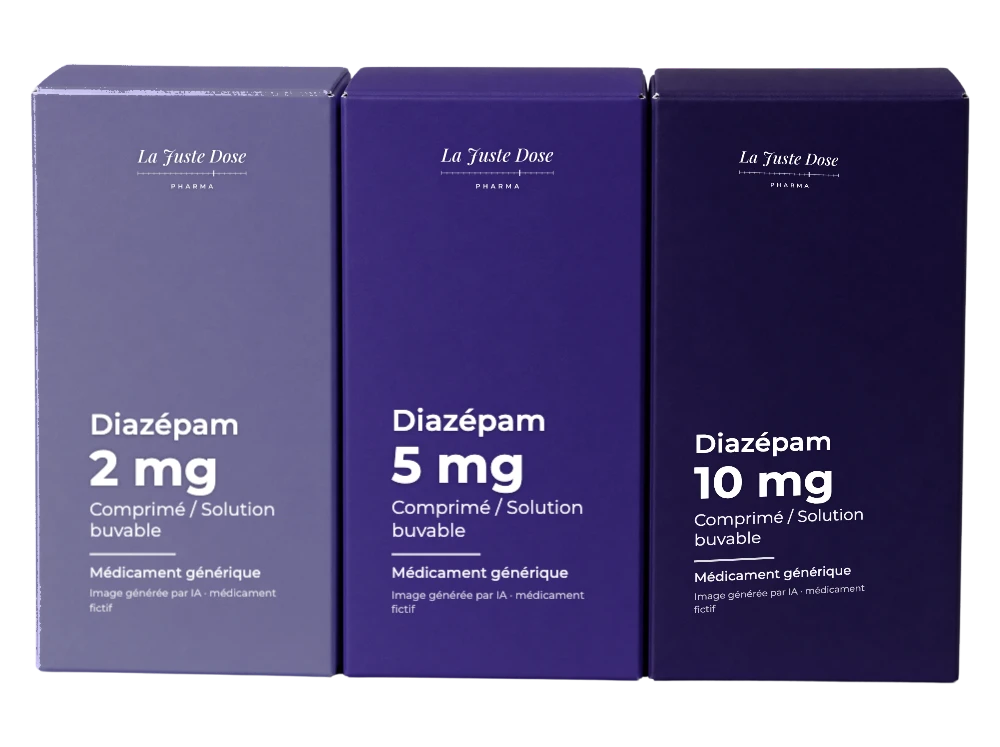 Boîte illustrative de Diazépam, médicament générique fictif aux couleurs de La Juste Dose. Image générée par IA.