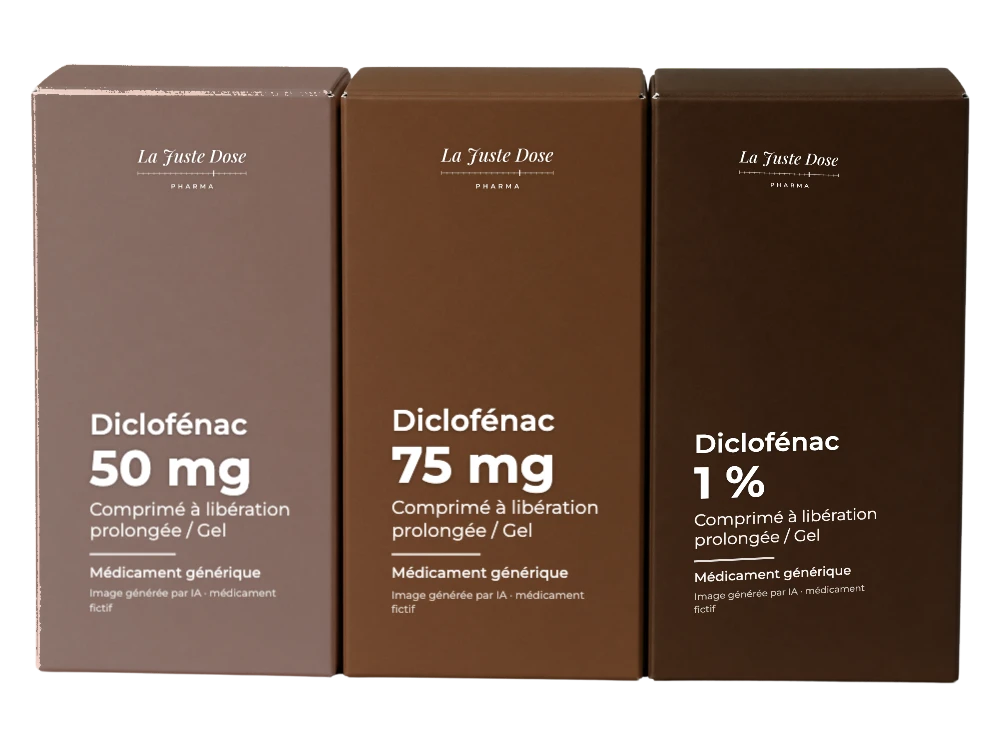Boîte illustrative de Diclofénac, médicament générique fictif aux couleurs de La Juste Dose. Image générée par IA.