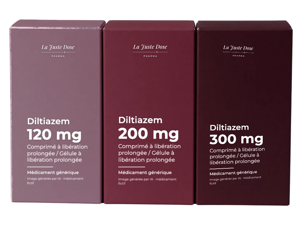 Boîte illustrative de Diltiazem, médicament générique fictif aux couleurs de La Juste Dose. Image générée par IA.