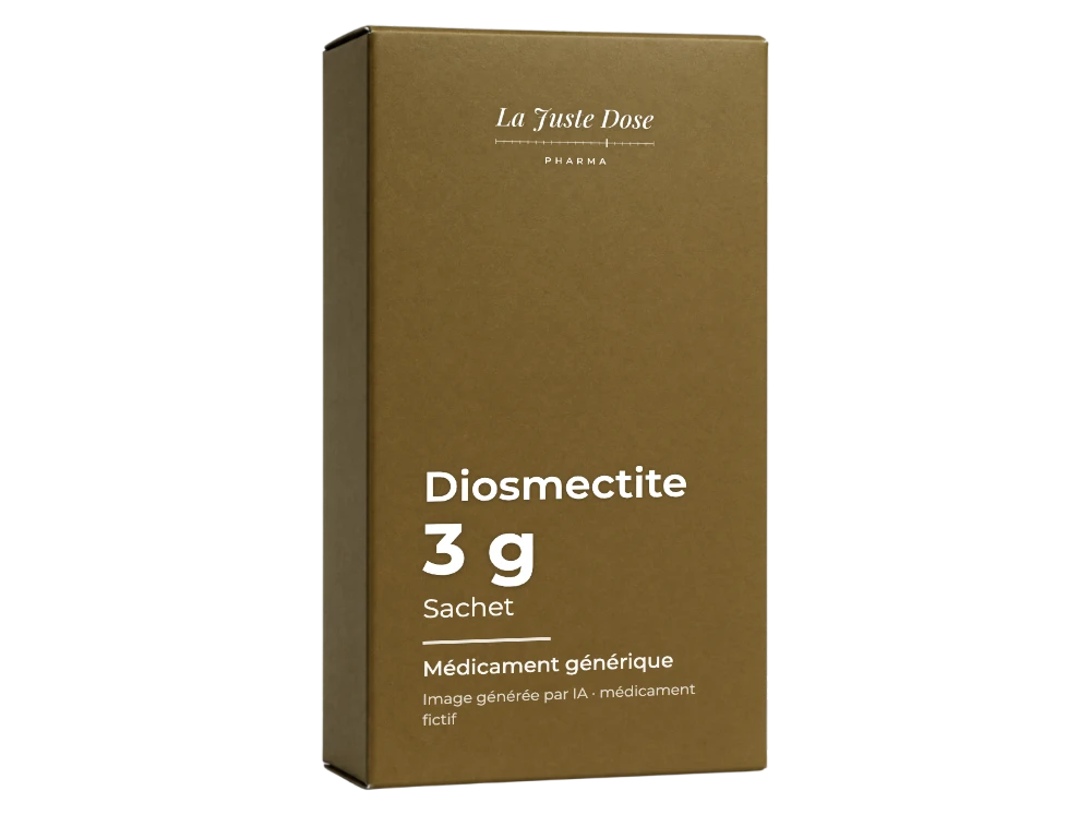 Boîte illustrative de Diosmectite, médicament générique fictif aux couleurs de La Juste Dose. Image générée par IA.
