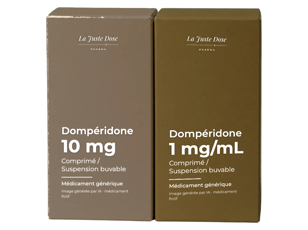 Boîte illustrative de Dompéridone, médicament générique fictif aux couleurs de La Juste Dose. Image générée par IA.