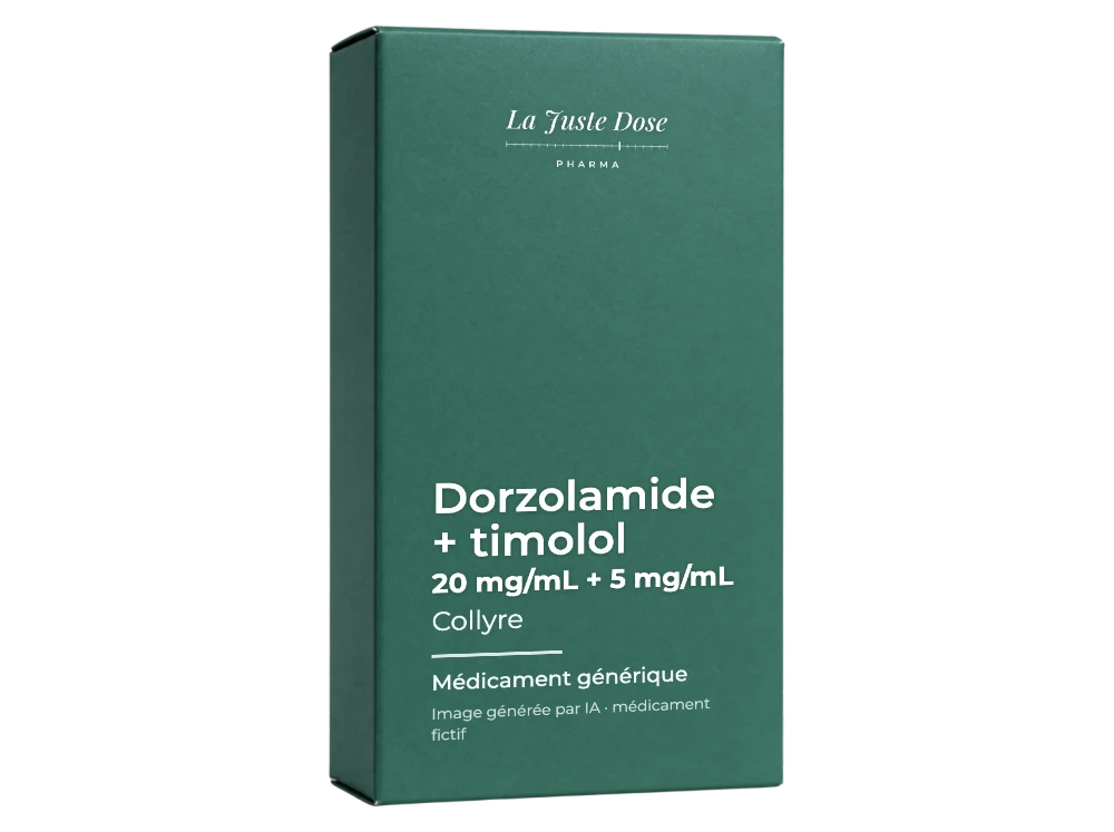 Boîte illustrative de Dorzolamide + timolol, médicament générique fictif aux couleurs de La Juste Dose. Image générée par IA.
