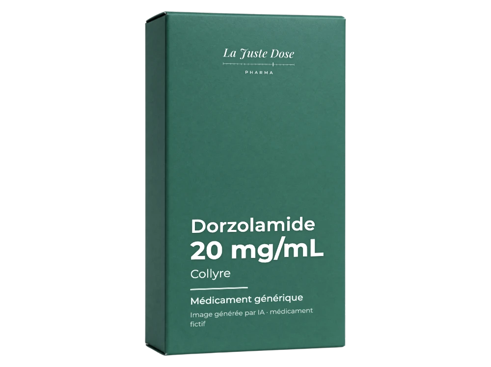 Boîte illustrative de Dorzolamide, médicament générique fictif aux couleurs de La Juste Dose. Image générée par IA.