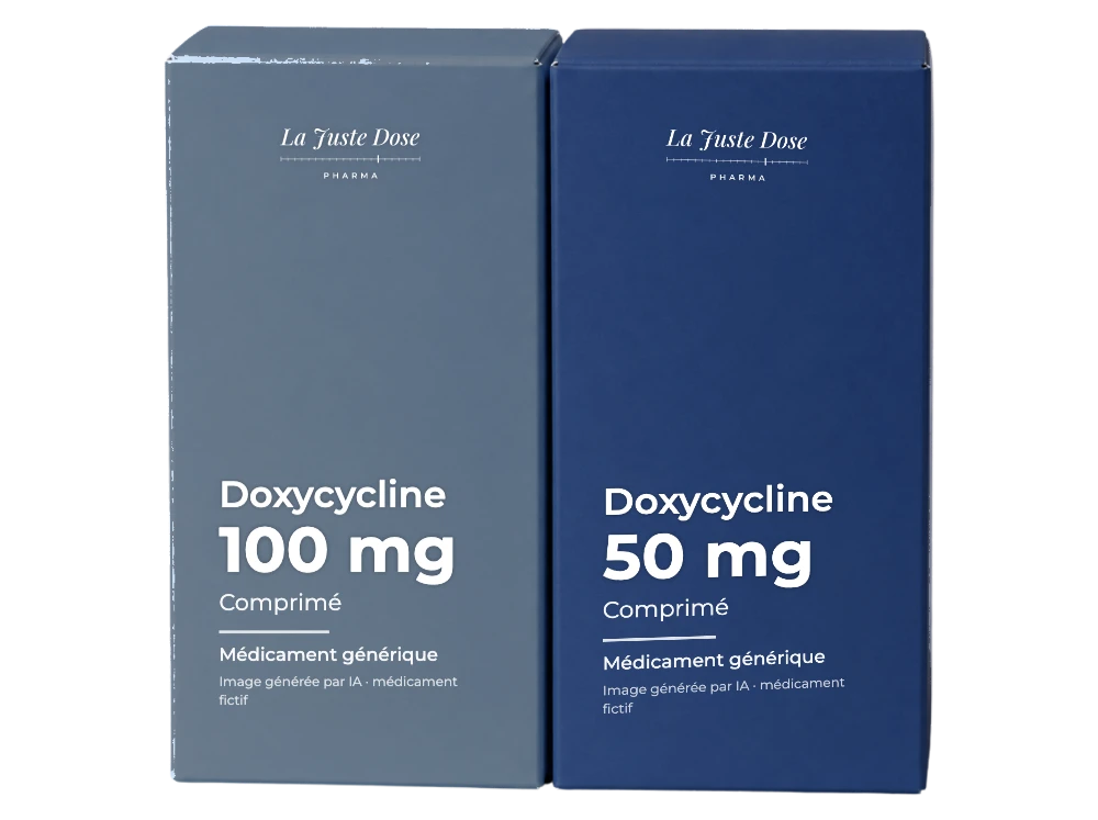 Boîte illustrative de Doxycycline, médicament générique fictif aux couleurs de La Juste Dose. Image générée par IA.