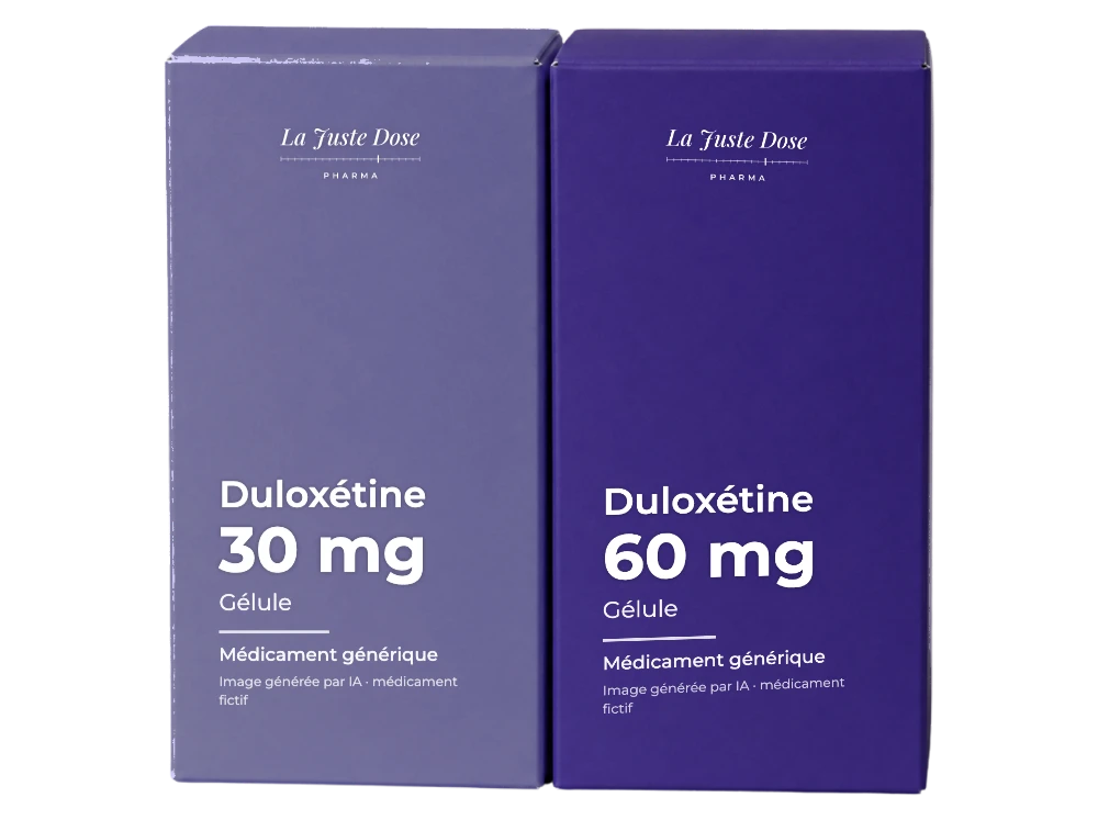 Boîte illustrative de Duloxétine, médicament générique fictif aux couleurs de La Juste Dose. Image générée par IA.
