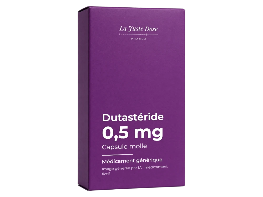 Boîte illustrative de Dutastéride, médicament générique fictif aux couleurs de La Juste Dose. Image générée par IA.