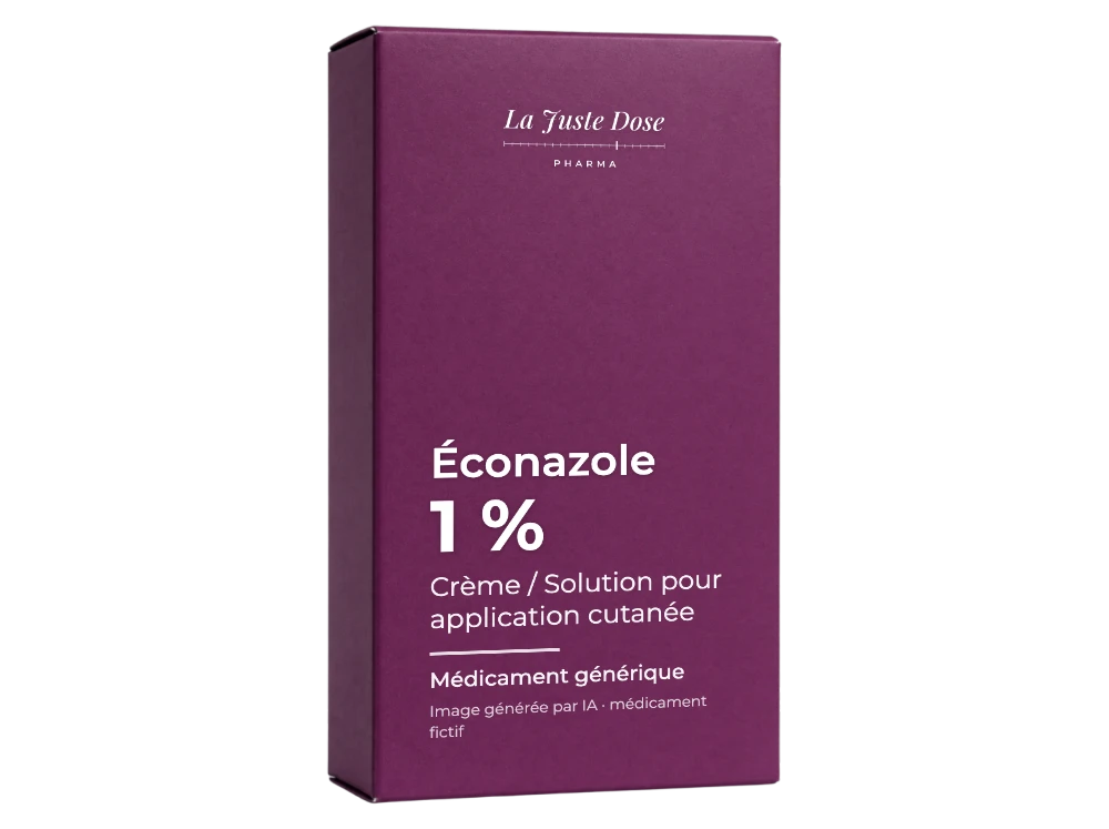Boîte illustrative de Éconazole, médicament générique fictif aux couleurs de La Juste Dose. Image générée par IA.