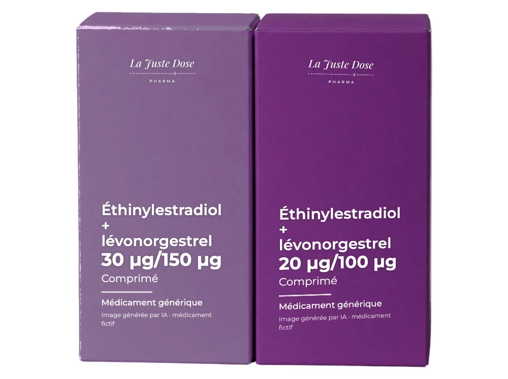 Boîte illustrative de Éthinylestradiol + lévonorgestrel, médicament générique fictif aux couleurs de La Juste Dose. Image générée par IA.