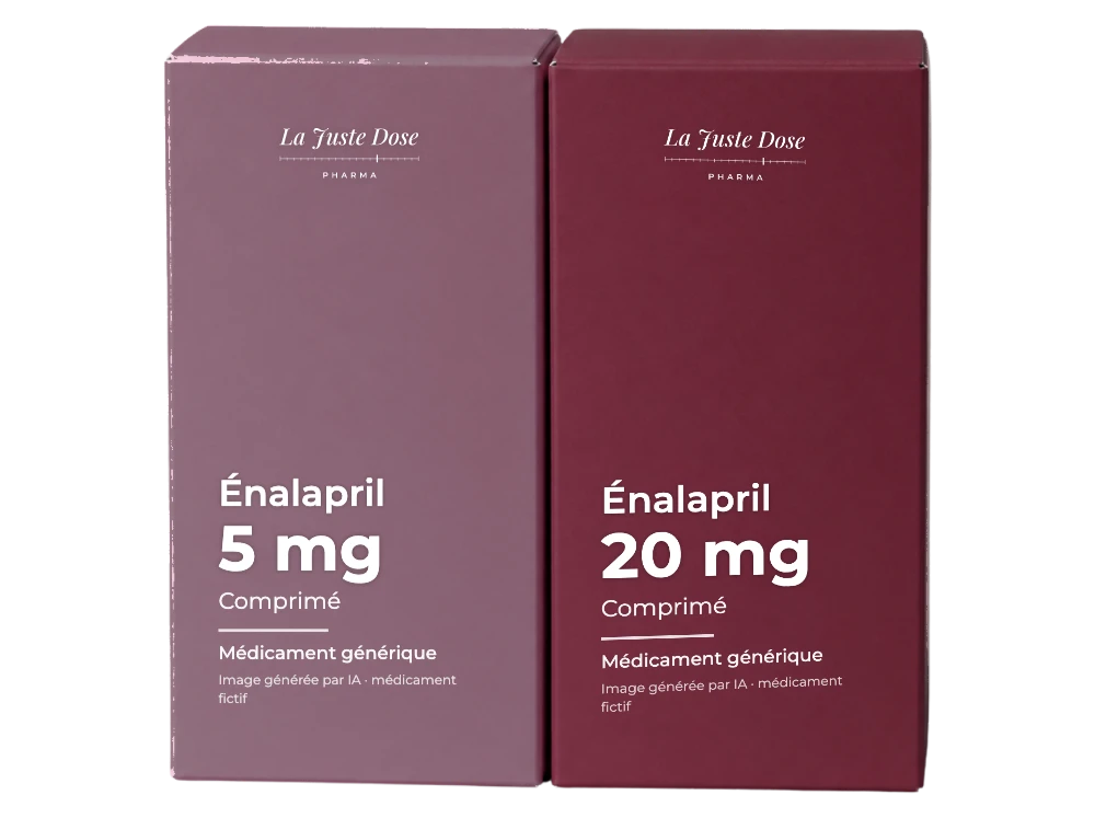 Boîte illustrative de Énalapril, médicament générique fictif aux couleurs de La Juste Dose. Image générée par IA.