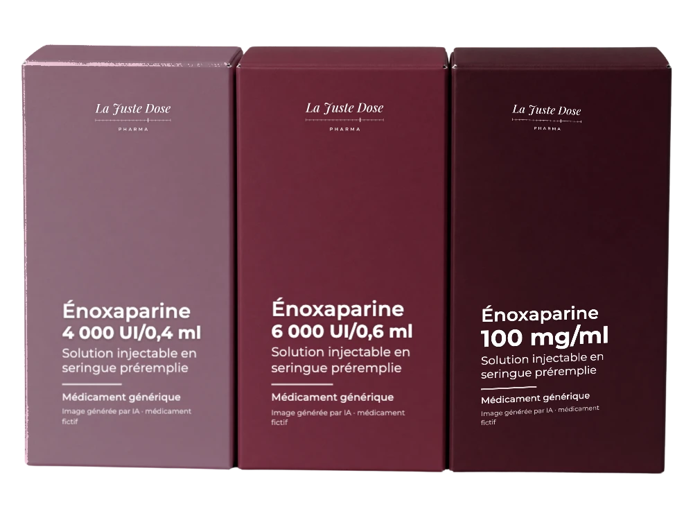 Boîte illustrative de Énoxaparine, médicament générique fictif aux couleurs de La Juste Dose. Image générée par IA.
