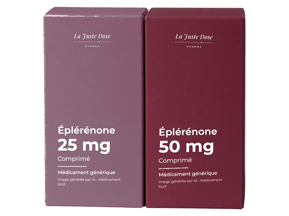 Boîte illustrative de Éplérénone, médicament générique fictif aux couleurs de La Juste Dose. Image générée par IA.