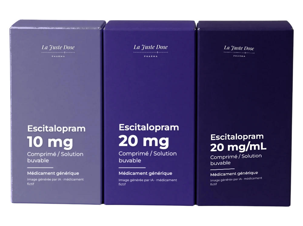 Boîte illustrative de Escitalopram, médicament générique fictif aux couleurs de La Juste Dose. Image générée par IA.
