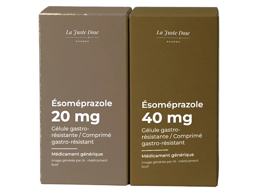 Boîte illustrative de Ésoméprazole, médicament générique fictif aux couleurs de La Juste Dose. Image générée par IA.
