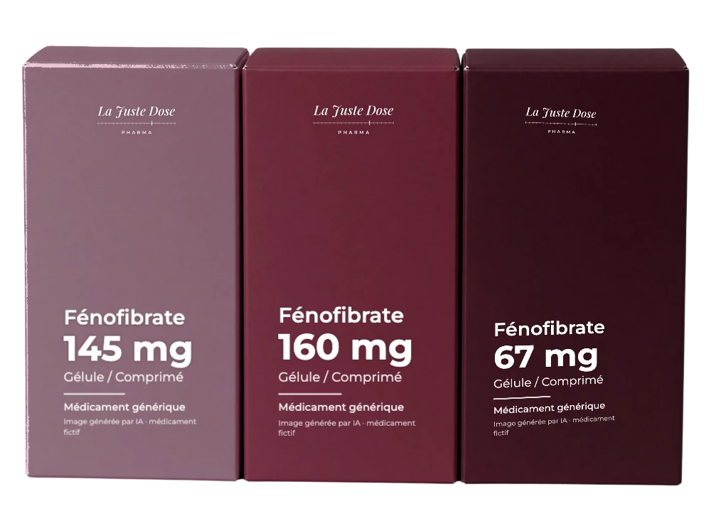 Boîte illustrative de Fénofibrate, médicament générique fictif aux couleurs de La Juste Dose. Image générée par IA.