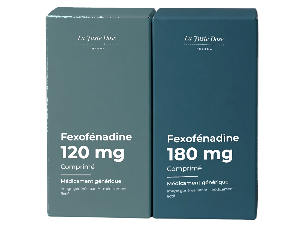 Boîte illustrative de Fexofénadine, médicament générique fictif aux couleurs de La Juste Dose. Image générée par IA.