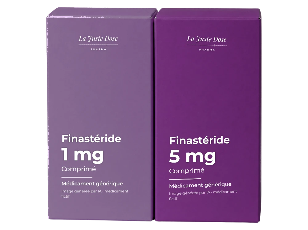 Boîte illustrative de Finastéride, médicament générique fictif aux couleurs de La Juste Dose. Image générée par IA.