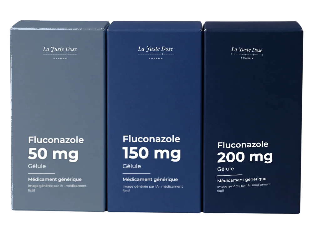 Boîte illustrative de Fluconazole, médicament générique fictif aux couleurs de La Juste Dose. Image générée par IA.