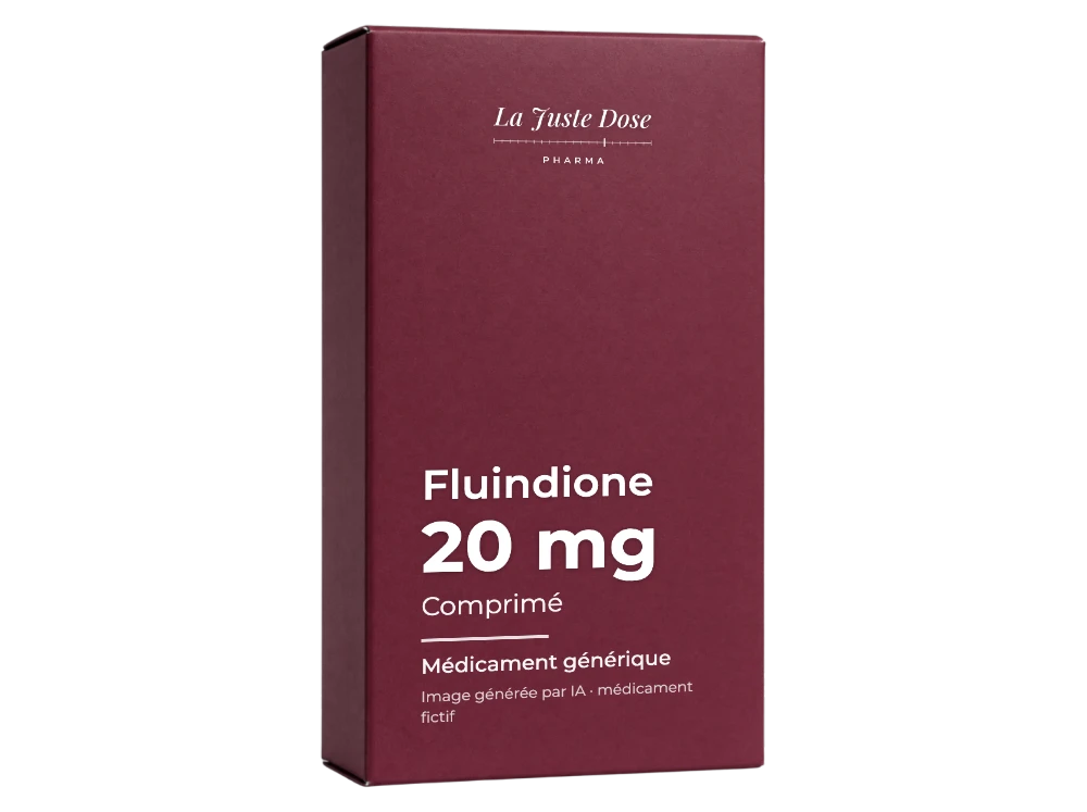 Boîte illustrative de Fluindione, médicament générique fictif aux couleurs de La Juste Dose. Image générée par IA.