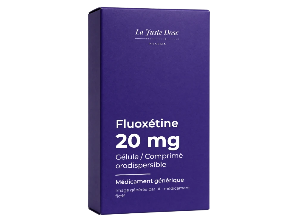Boîte illustrative de Fluoxétine, médicament générique fictif aux couleurs de La Juste Dose. Image générée par IA.