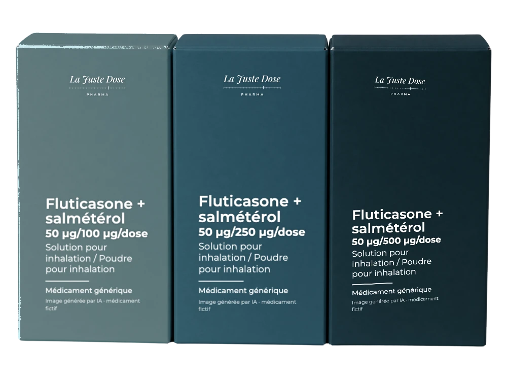 Boîte illustrative de Fluticasone + salmétérol, médicament générique fictif aux couleurs de La Juste Dose. Image générée par IA.