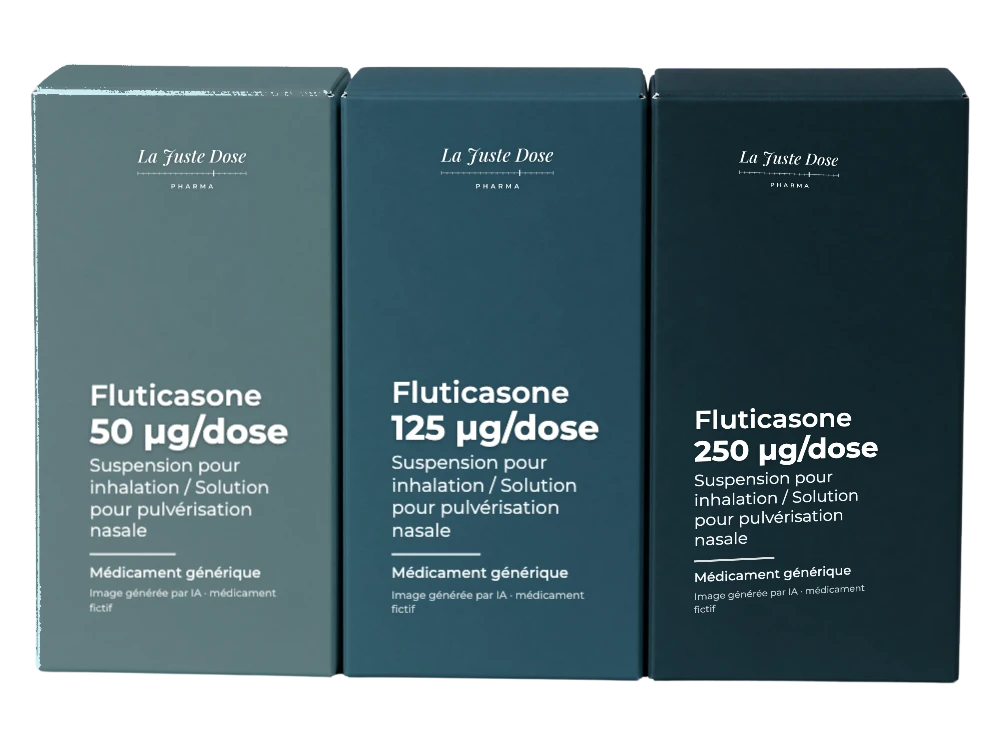 Boîte illustrative de Fluticasone, médicament générique fictif aux couleurs de La Juste Dose. Image générée par IA.