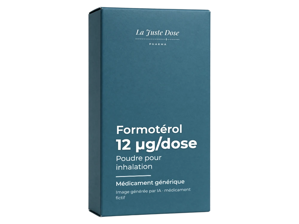 Boîte illustrative de Formotérol, médicament générique fictif aux couleurs de La Juste Dose. Image générée par IA.