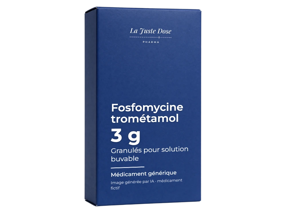 Boîte illustrative de Fosfomycine trométamol, médicament générique fictif aux couleurs de La Juste Dose. Image générée par IA.