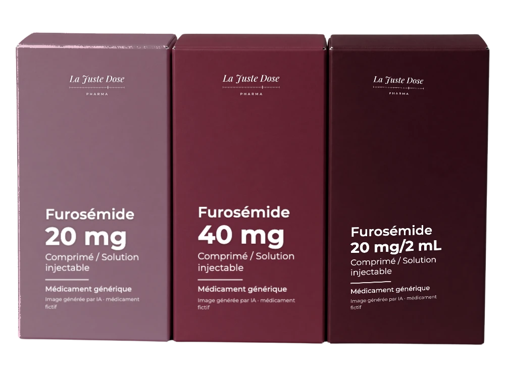 Boîte illustrative de Furosémide, médicament générique fictif aux couleurs de La Juste Dose. Image générée par IA.