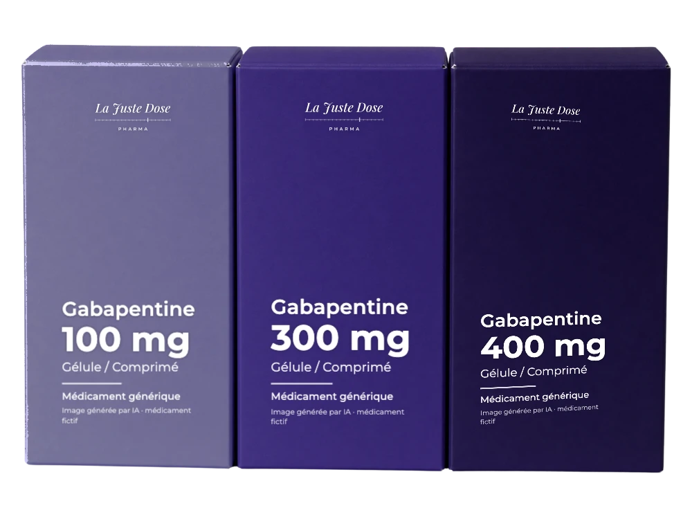 Boîte illustrative de Gabapentine, médicament générique fictif aux couleurs de La Juste Dose. Image générée par IA.