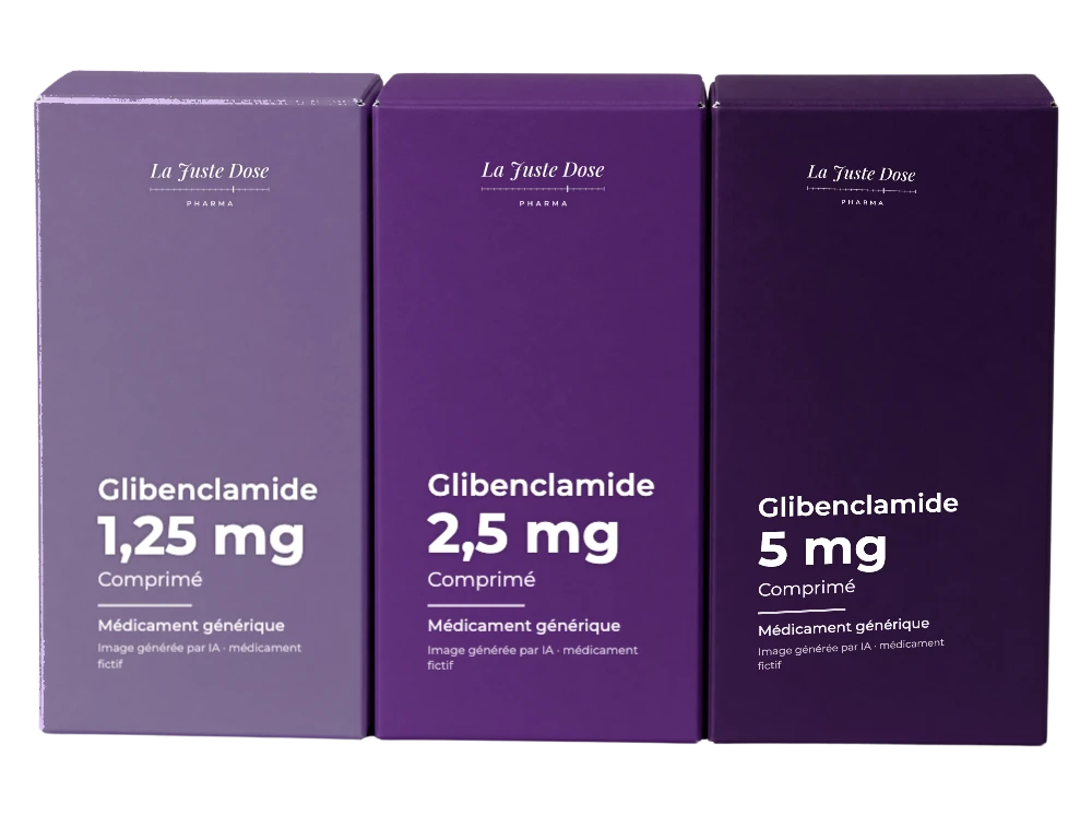 Boîte illustrative de Glibenclamide, médicament générique fictif aux couleurs de La Juste Dose. Image générée par IA.