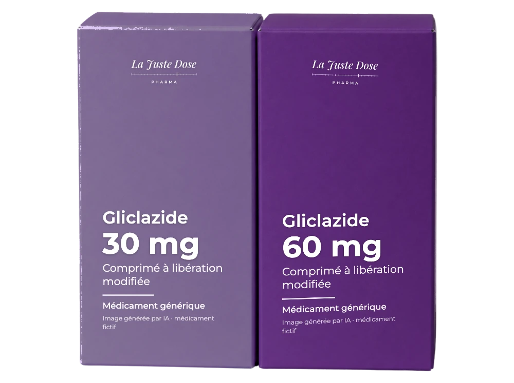 Boîte illustrative de Gliclazide, médicament générique fictif aux couleurs de La Juste Dose. Image générée par IA.