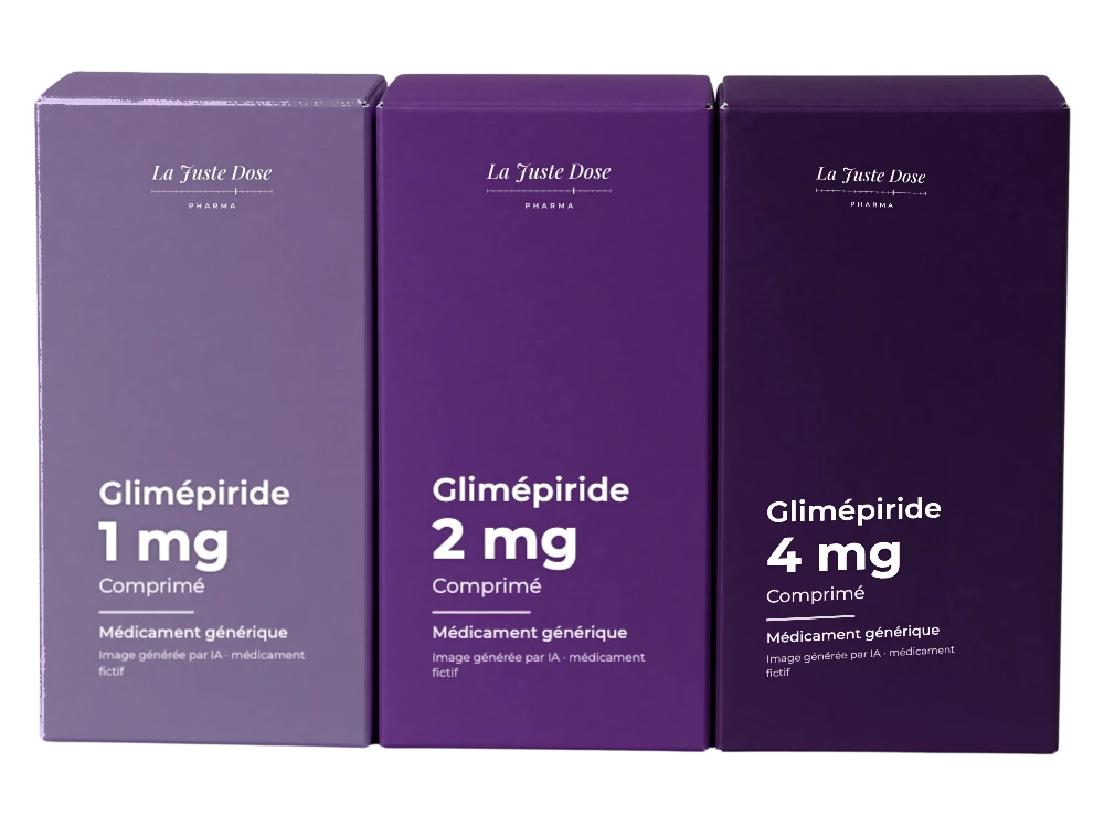 Boîte illustrative de Glimépiride, médicament générique fictif aux couleurs de La Juste Dose. Image générée par IA.