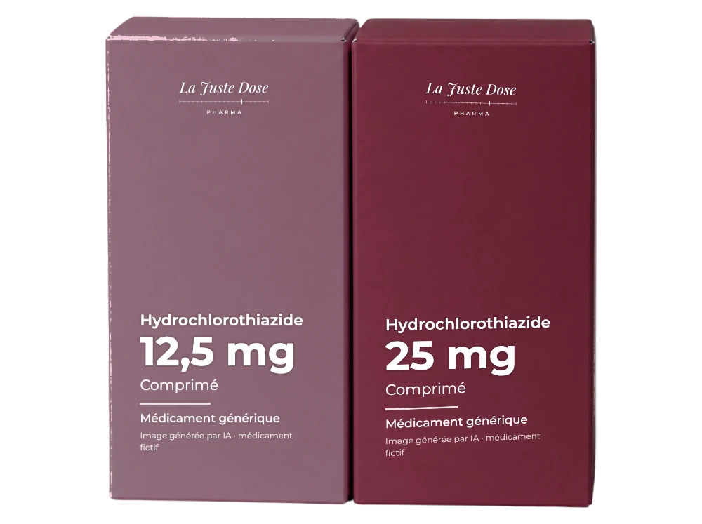 Boîte illustrative de Hydrochlorothiazide, médicament générique fictif aux couleurs de La Juste Dose. Image générée par IA.