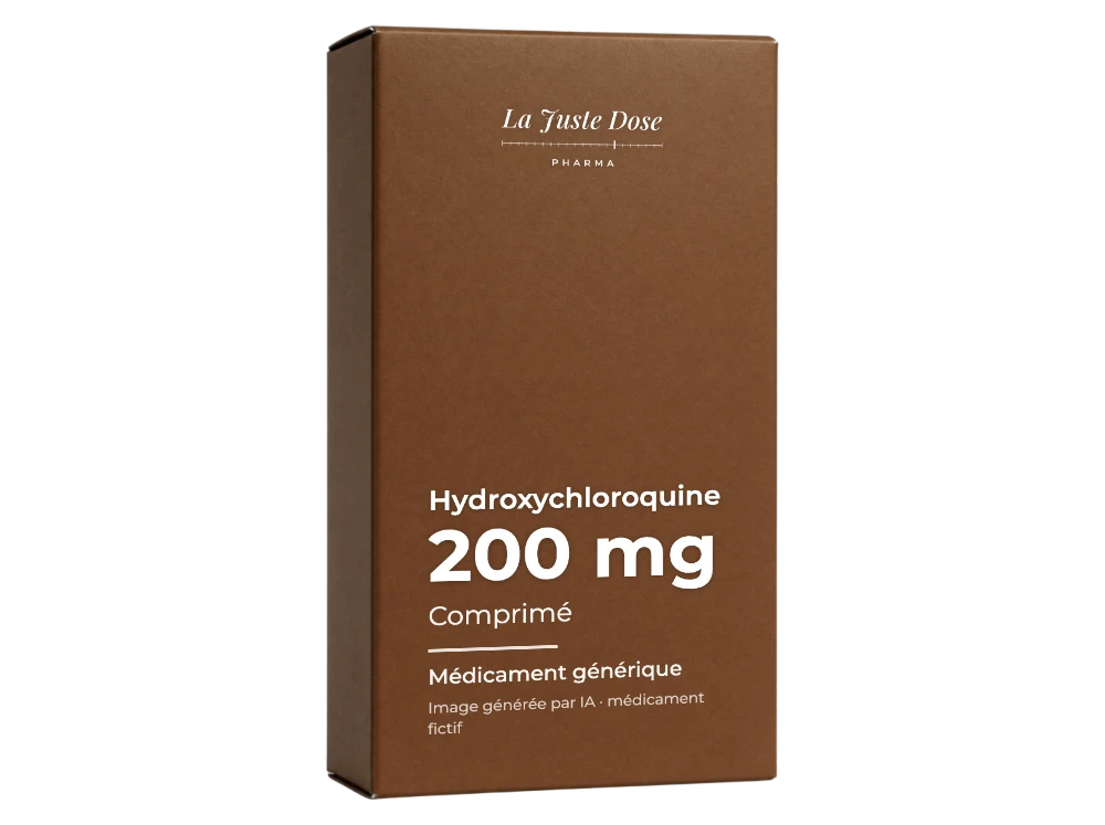 Boîte illustrative de Hydroxychloroquine, médicament générique fictif aux couleurs de La Juste Dose. Image générée par IA.