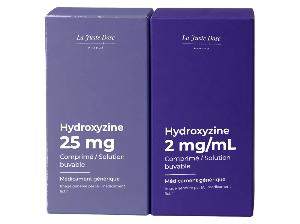 Boîte illustrative de Hydroxyzine, médicament générique fictif aux couleurs de La Juste Dose. Image générée par IA.