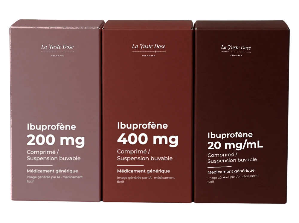 Boîte illustrative de Ibuprofène, médicament générique fictif aux couleurs de La Juste Dose. Image générée par IA.
