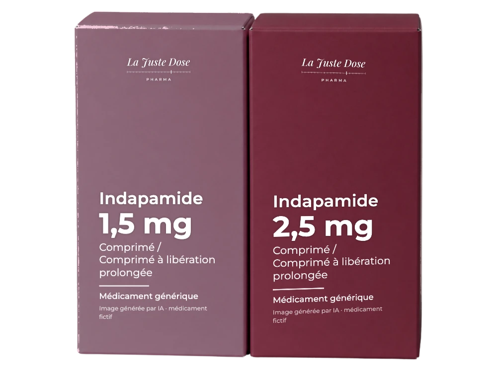 Boîte illustrative de Indapamide, médicament générique fictif aux couleurs de La Juste Dose. Image générée par IA.