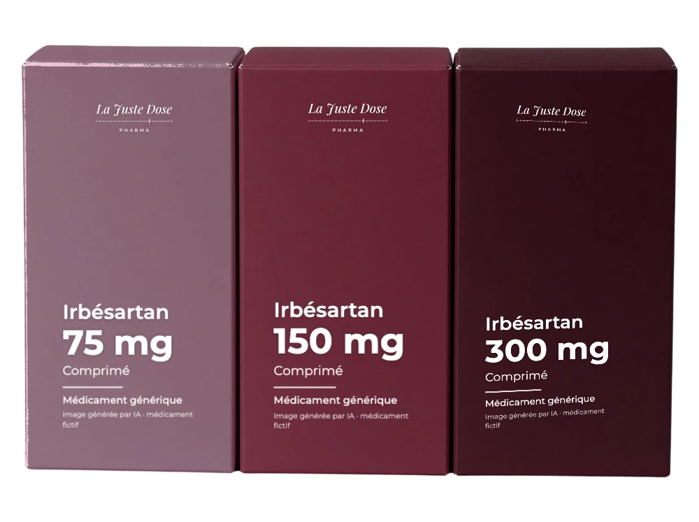 Boîte illustrative de Irbésartan, médicament générique fictif aux couleurs de La Juste Dose. Image générée par IA.