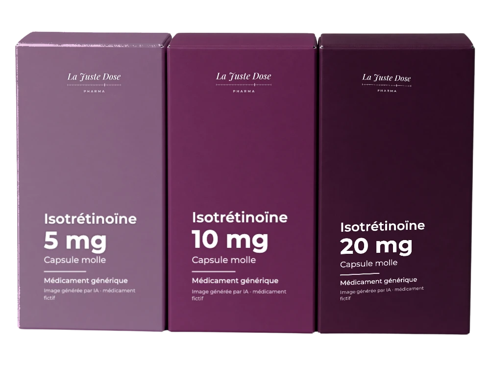Boîte illustrative de Isotrétinoïne, médicament générique fictif aux couleurs de La Juste Dose. Image générée par IA.