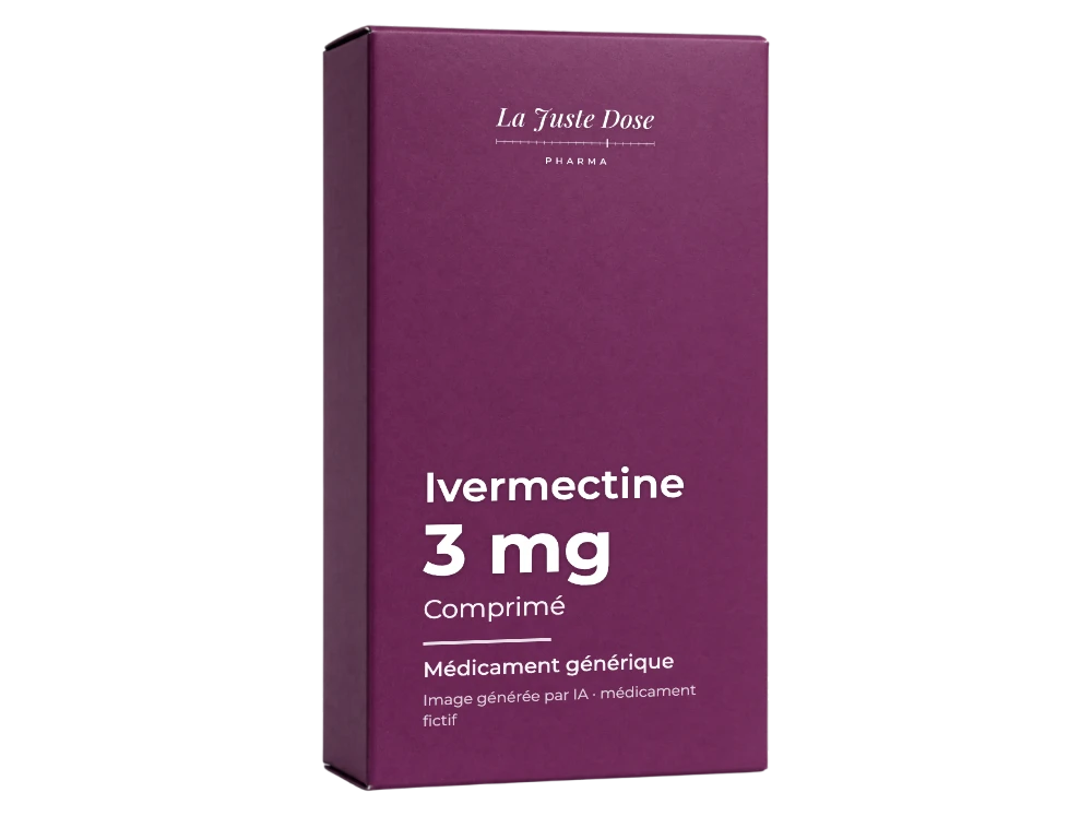 Boîte illustrative de Ivermectine, médicament générique fictif aux couleurs de La Juste Dose. Image générée par IA.