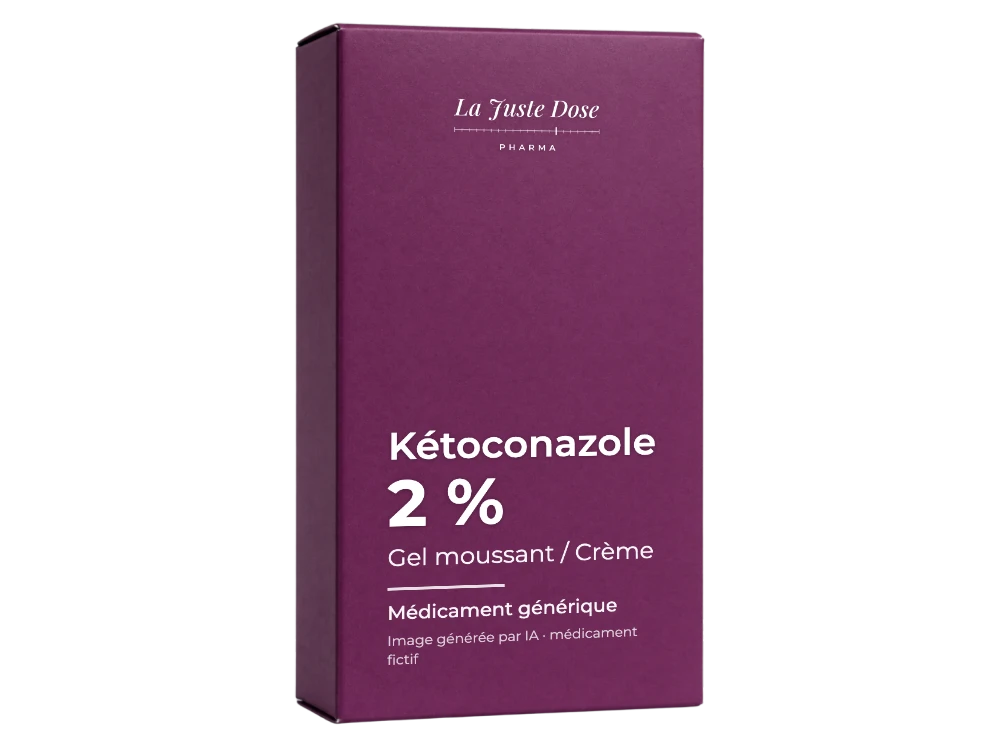Boîte illustrative de Kétoconazole, médicament générique fictif aux couleurs de La Juste Dose. Image générée par IA.