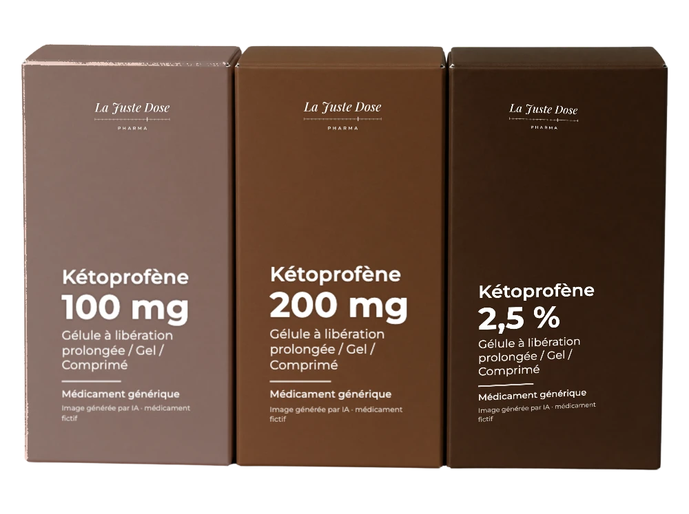Boîte illustrative de Kétoprofène, médicament générique fictif aux couleurs de La Juste Dose. Image générée par IA.