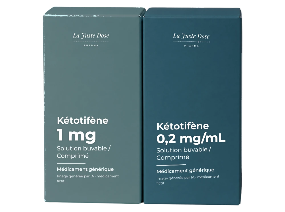 Boîte illustrative de Kétotifène, médicament générique fictif aux couleurs de La Juste Dose. Image générée par IA.